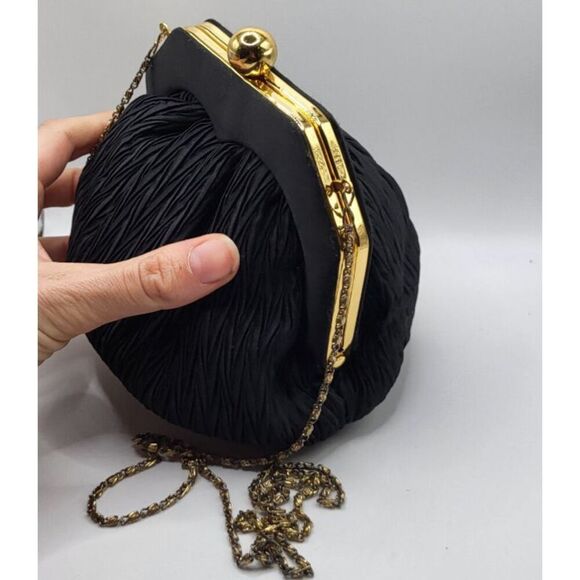 Shals Vintage Black Peau de Soie Clutch Pleated Evening Bag w Chain Strap - Picture 4 of 8